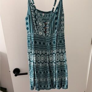 Teal & White Printed Sundress with Button Detail
